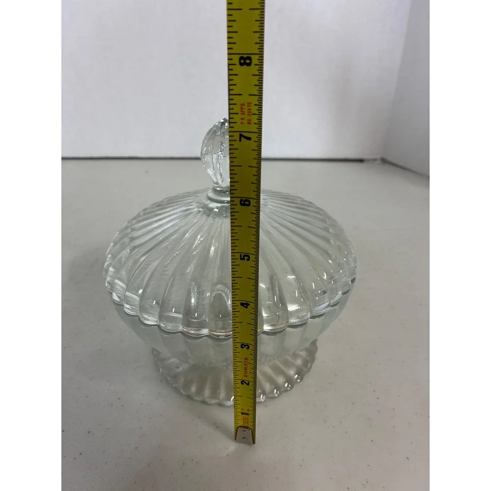 Vintage Clear Ribbed Pressed Glass Footed Candy Dish with Lid Scalloped Pedestal